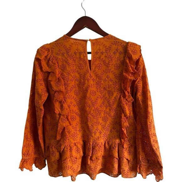The GREAT. Eyelet Ruffle Flutter 3/4 Sleeve Top  Spice Orange Size 2 M Peasant - Picture 10 of 15